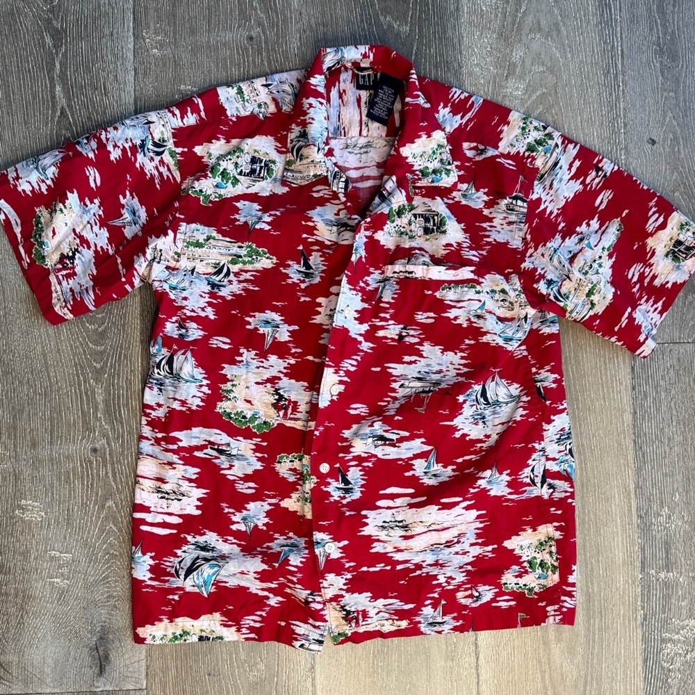 GAP Red and White Kids Hawaiian Button Down Shirt XXL 14-16 0420